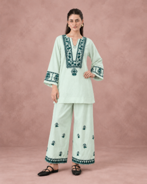 Mint Green Embroidered Kurta Palazzo Set for Women