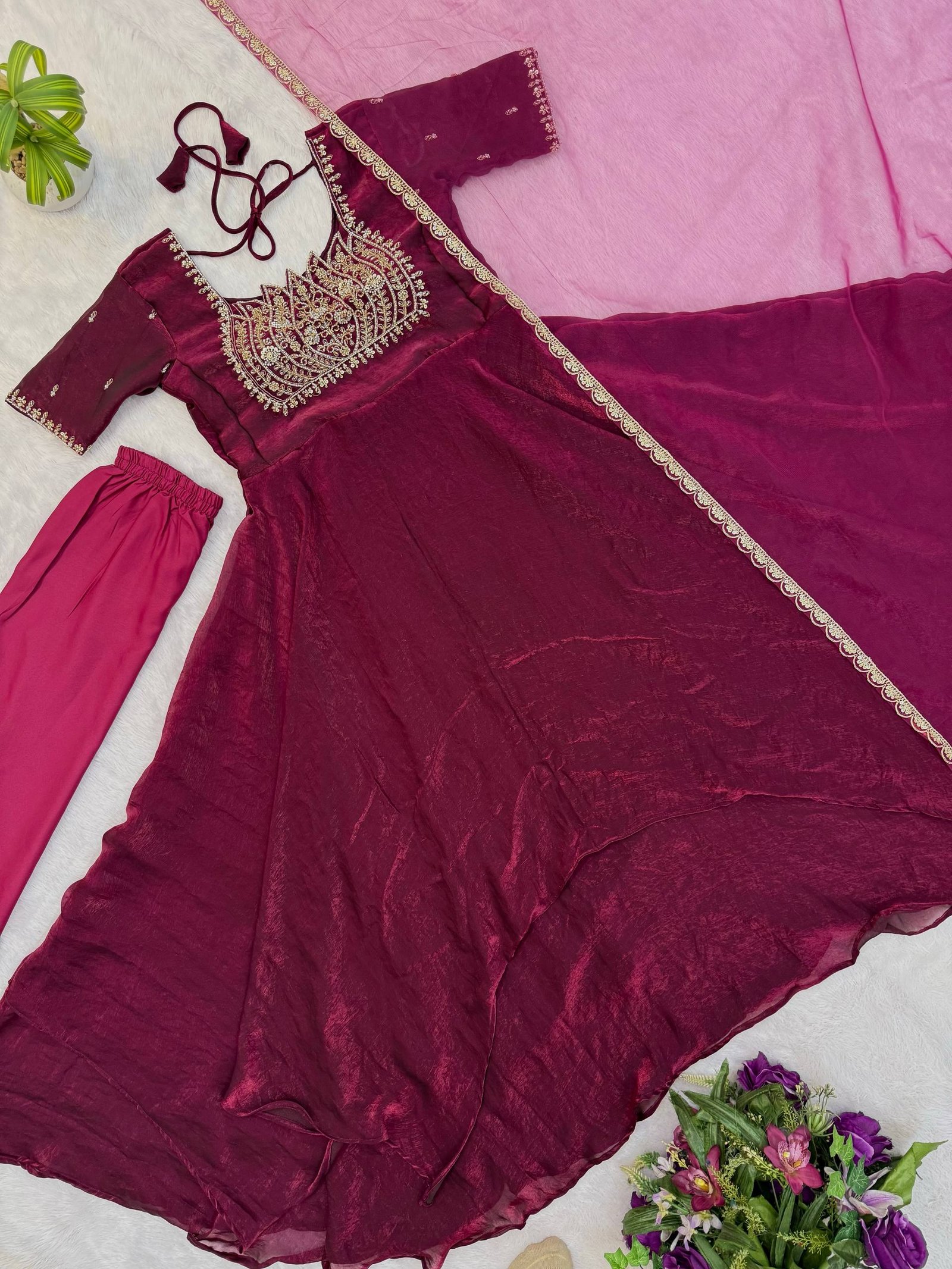 Women’s Maroon Embroidered Anarkali Gown with Pink Dupatta - Image 2