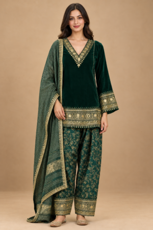 Emerald Green Embroidered Farshi Salwar Kameez with Dupatta for Women