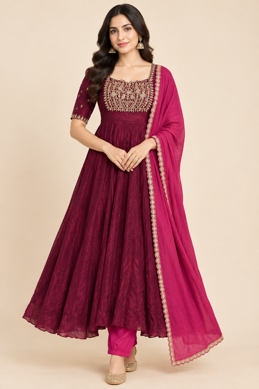 Women’s Maroon Embroidered Anarkali Gown with Pink Dupatta