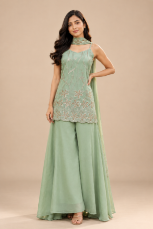 Women’s Sage Green Embroidered Sharara Suit Set with Dupatta